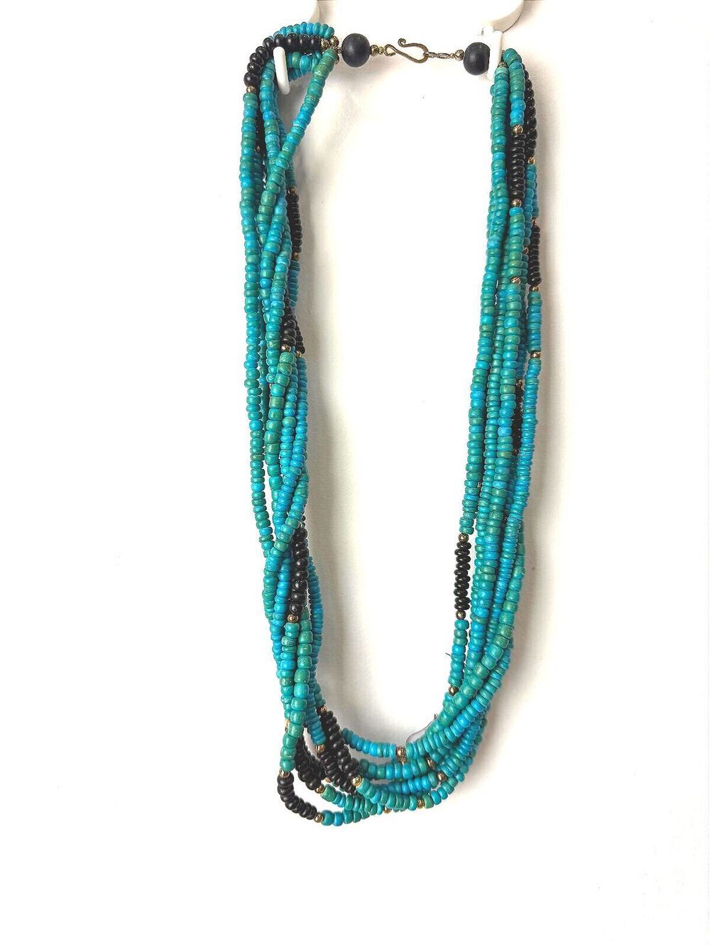Multi-Strand Turquoise and Black Beaded Necklace with Gold Accents